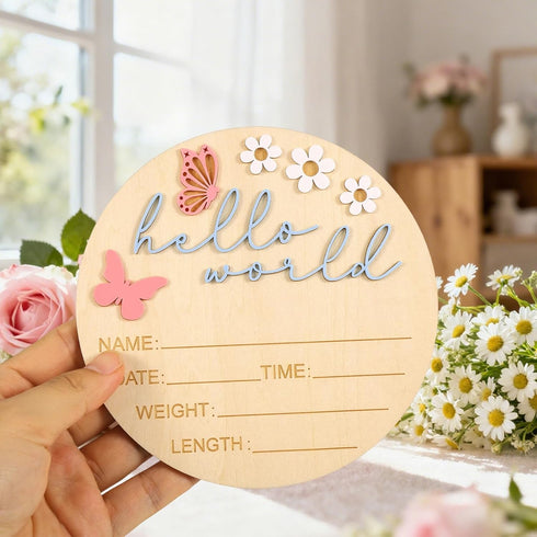 Penitue 15cm/5.9in 2) Hello World Newborn Sign, Wooden Baby Birth Name Announcement Sign with Bracket & Pen Newborn