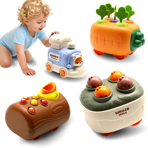Set Press and Go Car Toys, Kids Train with Whack-A-Mole, Woodpecker Worm, Carrot Harvest Game, Car Racing Trucks