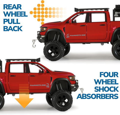 FRJV 1/32 Mammoth 4-7Red Toy Trucks for Boys Diecast Trucks Model Truck,Collectible Pickup Truck Model Kit,Pull Back