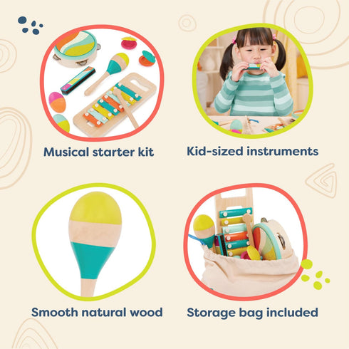 9 2+ B. toys Make a Melody Pieces Wooden Musical Instruments Xylophone, Tambourine, Harmonica Drawstring Storage Bag