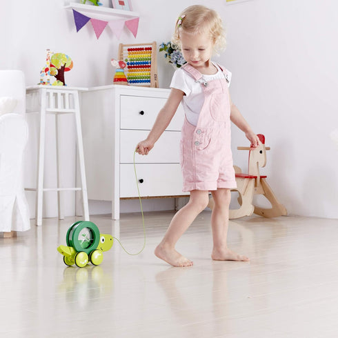 Hape Tito Turtle Pull Along Toy - Green Wooden Toddler Adventure