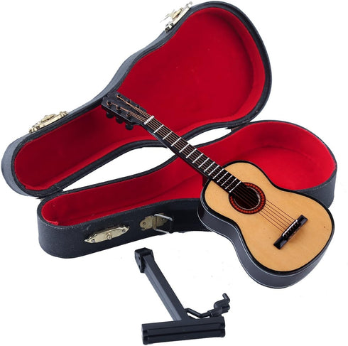 Dselvgvu Wooden Miniature Guitar with Stand and Case, Mini Musical Instrument Dollhouse Model (6.51"x2.28"x0.89")
