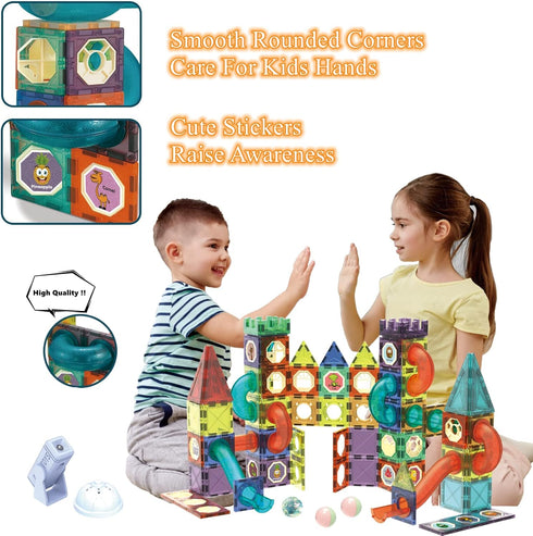 BINZKBB Light Magnetic Tiles Building Blocks for Kids, 3D Clear Educational STEM Toys, 110 PCS Marble Run Blocks Gift