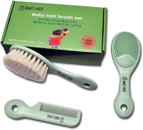 3 Piece Baby Hair Brush & Comb Set for Newborns - Soft Goat Bristle Brush, Silicone Bath Brush & Plastic Comb