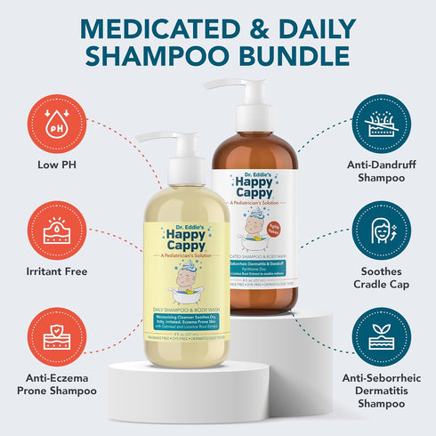 2 Happy Cappy Daily Medicated Shampoo and Body Wash Bundle - Baby Dandruff Shampoo for Cradle Cap and Seborrheic