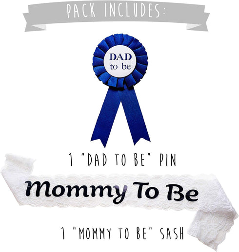 Mommy To Be White Lace Sash and Dad To Be Pin Pack - Baby Shower Decorations for Welcome Baby, Baby Sprinkle
