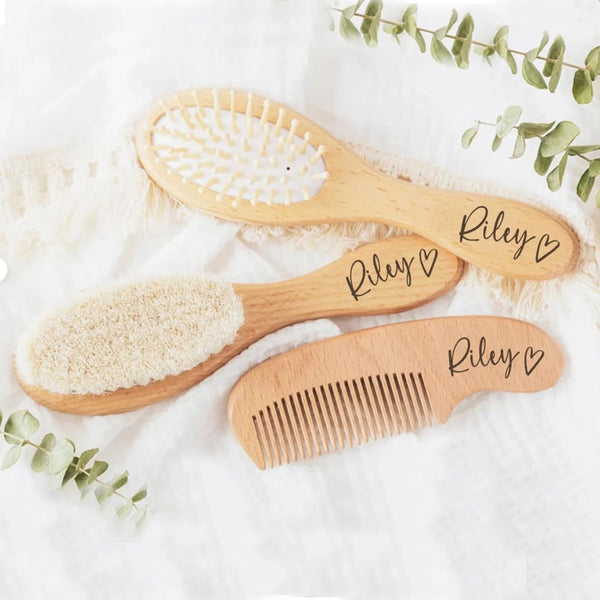 IEK Custom Baby Name Personalized Baby Hair Brush Wooden Newborn Hair Brush Comb