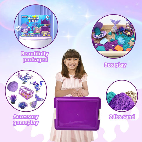 60Pcs Set 2lbs 17 12 3-8 Mermaid Sensory Bin Kit - Sensory Sand with (Purple/Teal/Beach), Sea Castle & Marine Molds