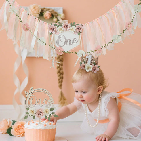 1st 1st DCJHFJ Wildflower High Chair Banner Birthday Party Decorations for Girl Light Pink One Flower Cake Topper