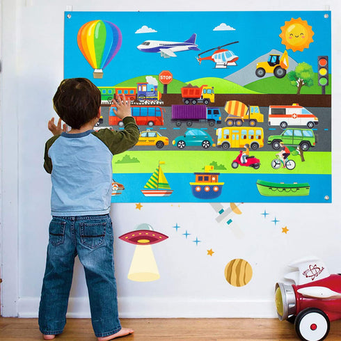 WATINC 35Pcs Vehicle Felt Story Board Set, 3.5Ft Preschool Transportation Themed Storytelling Kit for Kids