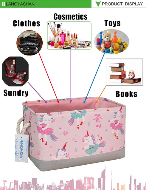 LANGYASHAN Rectangular Storage Bin with Handles, Collapse Canvas Fabric Cartoon Basket for Organizing Home, Kitchen,