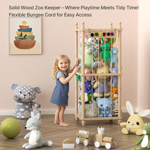 40" 3D Stuffed Animal Storage Zoo, Tall Solid Pine Wood Toy Organizer with Exclusive Sign, Large Vertical Plushie Cage