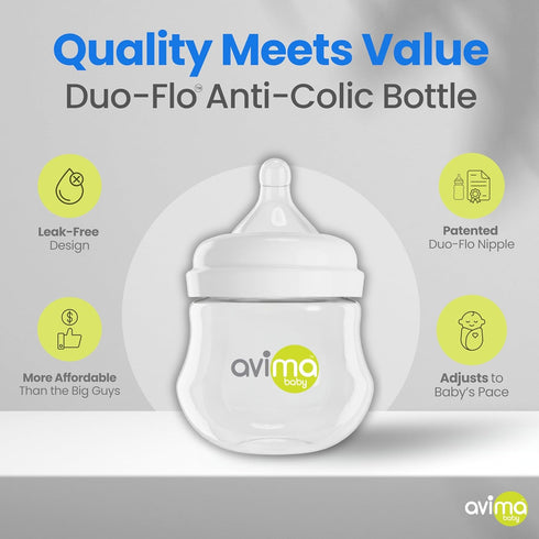 4 oz 0-3 1 (Set 3) Avima Baby Anti Colic Baby Bottles for Breastfed Babies - Slow Flow Nipples, Wide Neck Bottle, BPA