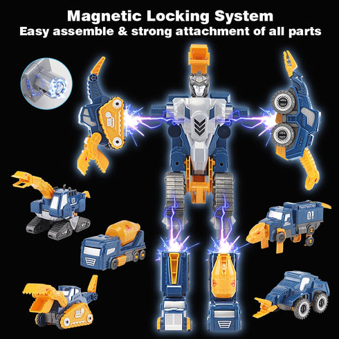 Set, 5-in-1 3 4 5 6 7 Construction Trucks Toy Dinosaur Vehicles Magnetic Educational STEM Building Car Kit, Transform