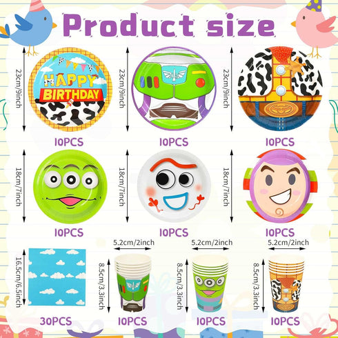 120pcs Toy Birthday Party Supplies, Cartoon Toy Plates Napkins Disposable Party Decorations Cartoon Cups for Boys Girl Birthday Tableware Set for 30 Guests