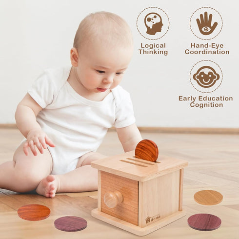 1-Year-Old 6-12 Adena Montessori Coin Box -Natural Wood Double-Sided Object Permanence Box Toy for Babies, Wooden