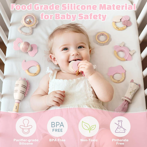 0-6 3-6 6-12 10PCS Baby Toys Months, Baby Rattles, Teething Toys Months, Infant Toys Months, Pink Sensory Rattles