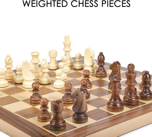 AMEROUS 15 Inches Wooden Chess & Checkers Set with Upgraded Weighted Pieces, 2 Extra Queens, Storage Slots