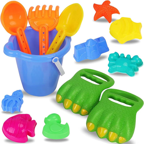 Liberty Imports 13 PCS Beach Sand Toys, Dinosaur Claw Hand Scoop Play Set with Bucket and Molds for Kids
