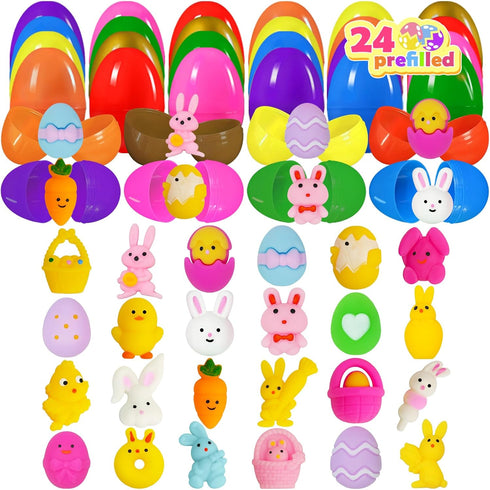 EUOCENK 24PCS Prefilled Easter Eggs with Mochi Squishy Toys, Pre-Stuffed Eggs with Easter