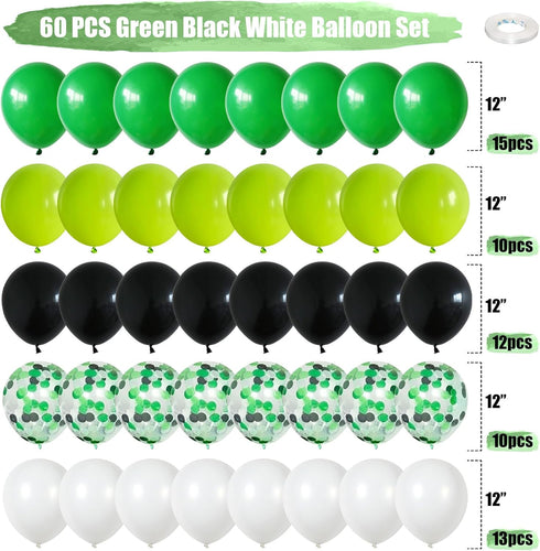 Green Black and White Balloons - 60 PCS Set with Confetti Balloons for Video Game Football Theme Party
