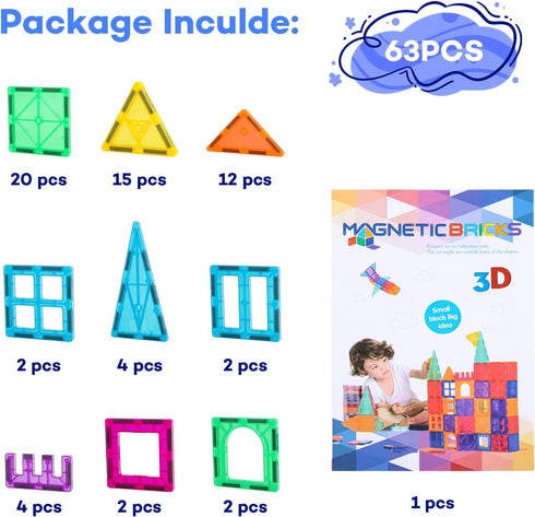Magnetic Tiles, 63PCS Building Set for Kids, Magnet Blocks, STEM Sensory Educational Toys Gift