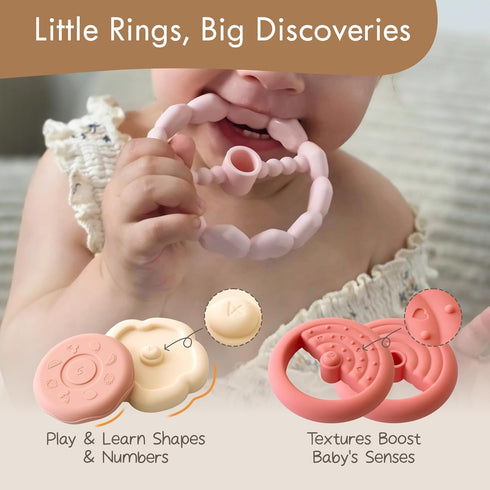 Moonkie 7-Piece 6 Dinosaur Baby Stacking Toys | Silicone Rings for Teething Relief | Educational Toy for Infants