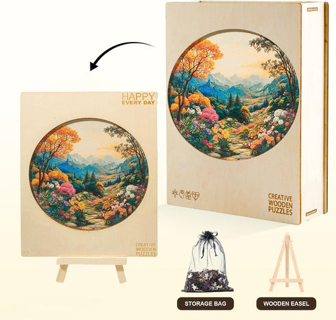 300 13.4in Wooden Puzzles for Adults Pieces, Scenic Mountain Landscape Round Wood Jigsaw Puzzle, Unique Irregular Laser