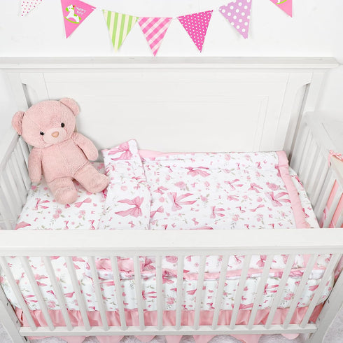 Set 4 Set Floral Crib Bedding for Girls, Pieces Pink Baby Nursery Bedding for Standard Size Crib, Including Soft
