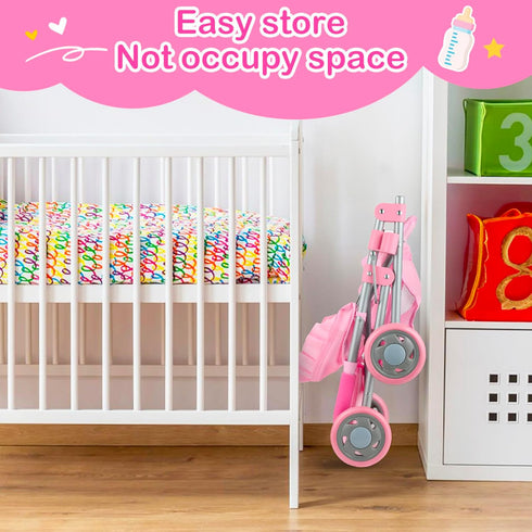 3+, GAGAKU Baby Doll Stroller for Toddlers, Foldable Toy Stroller with Storage Basket and Bag, Diapers - Reborn Doll