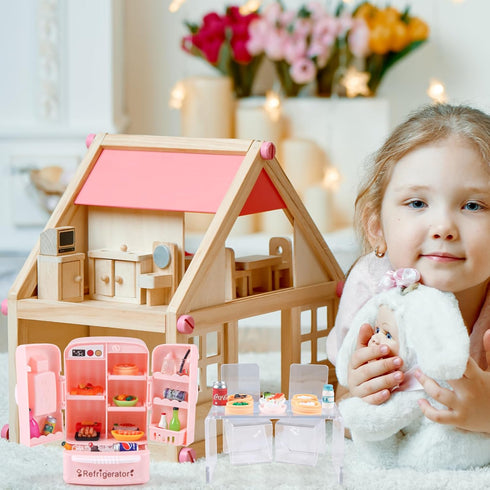 95 Pcs Dollhouse Refrigerator Mini Fridge Table Dining Car Toy with Food Set, Kitchen Furniture Miniatures for Children