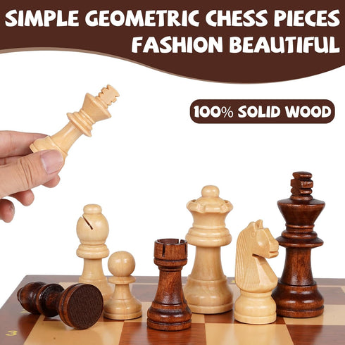Set 15-Inch Set 2 Wooden Magnetic Chess Foldable Wooden Chess Board with Magnetic Pieces, Portable Travel Chess