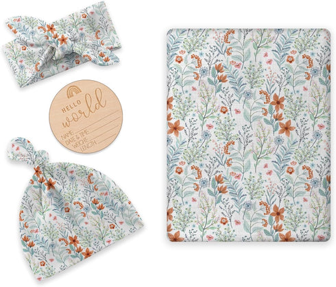 Newborn Swaddle Set with Matching Hat and Bow Set, Floral Baby Girl