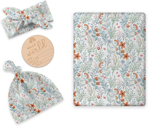 Newborn Swaddle Set with Matching Hat and Bow Set, Floral Baby Girl