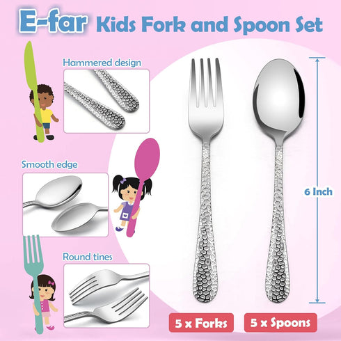 E-far Toddler Forks and Spoons Set, 10-Piece Stainless Steel Toddler Utensils Kids Safe Silverware for Self Feeding, Healthy & Non-Toxic, Dishwasher Safe by E-far