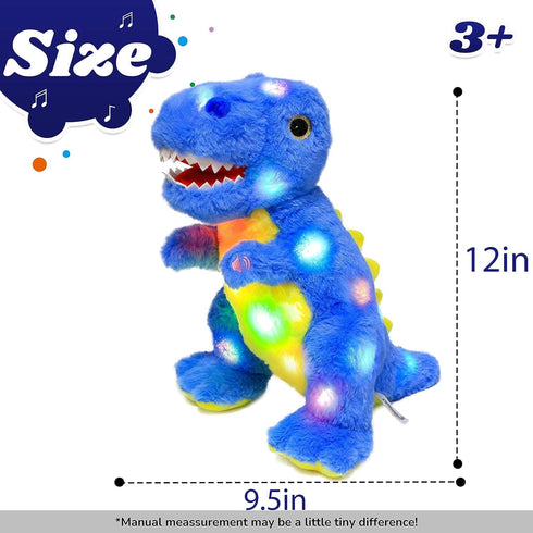 12" Cuteoy Light-up Singing Plush Blue Dinosaur LED Musical Stuffed Animal T-Rex Adjustable Volume Lullaby Plushies
