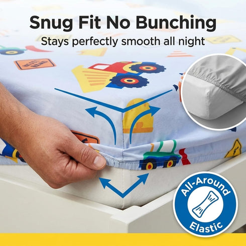 Set Set Everyday Kids Toddler Fitted Sheet and Pillowcase -Under Construction- Soft Breathable Microfiber Toddler Sheet