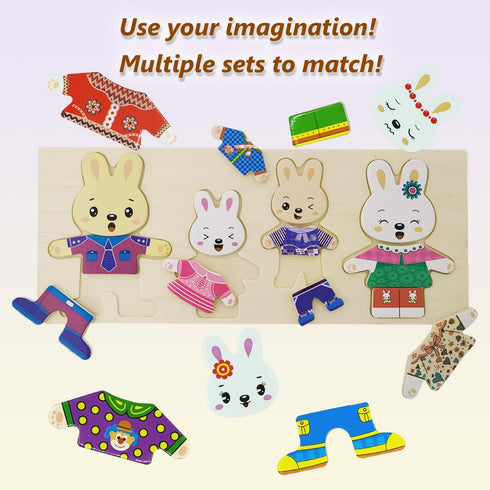 Wooden Bunny Family Dress-up Puzzle Box for Toddlers (72pcs) - Change Clothes Puzzle Games for Kids Ages 3+