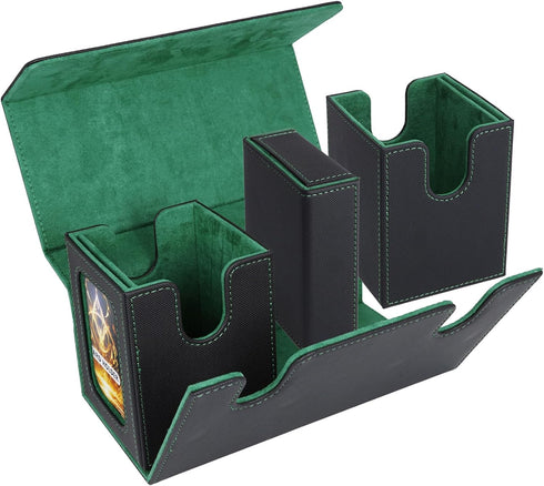 AFIING MTG Commander Card Storage Box - Fits 200 Double Sleeved Cards, Black/Green with 4 Dividers & 2 Toploaders