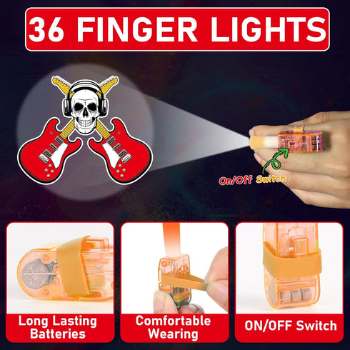 36 PCS Rock LED Finger Lights Music Party Favors Glow in the Dark Light Up Finger Lights Guitar Themed Toys Bulk