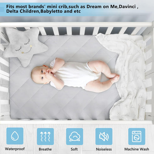 TILLYOU Play Yard Sheets Pad - Waterproof Quilted Playpen Sheets, Soft with 1''-3'' Deep Pocket, 39"x27", Light Grey