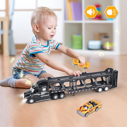 CORPER TOYS Transport Car Carrier Truck Toy - Detachable Die-cast Pull Back Vehicles Set for Kids with Lights