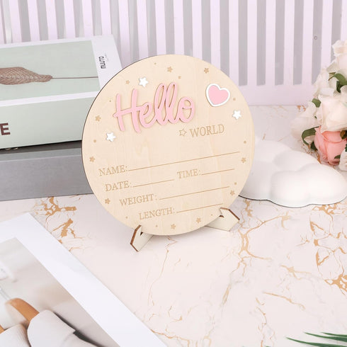 lasuroa Baby Announcement Sign, Wooden Hello World Newborn Signs Cute Welcome Baby Name Board for Boys Girls Hospital