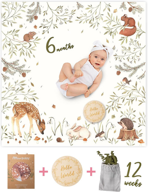 100% Organic Cotton Muslin Monthly Baby Milestone Blanket with Wooden Hello World Newborn Sign, Newborn Photography