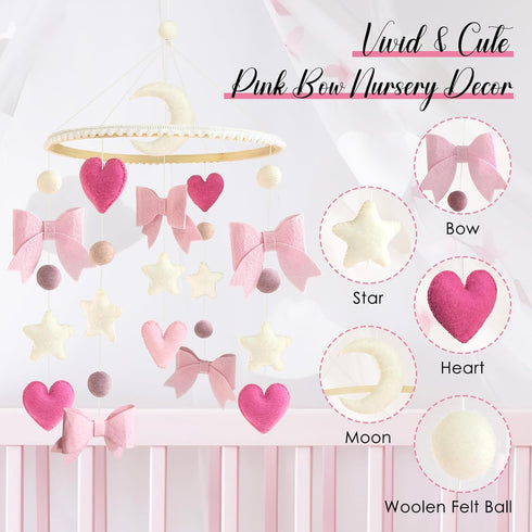 Baby Mobile for Crib Pink Bow Baby Crib Mobile for Girls Handmade Coquette Bow Nursery Decor for Infant Bedroom Hanging