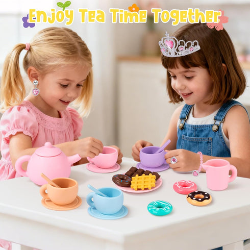 Set Set 2-5 iAOVUEBY Silicone Tea for Toddlers, Tea Party for Little Girls, Kids Pretend Role Play Kitchen Toys