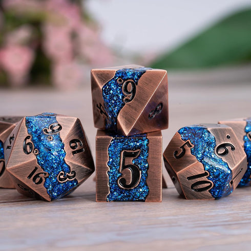 Metal DND Polyhedral Dice - Large Stripe Glitter Metallic 7pcs Set for Role Playing Games