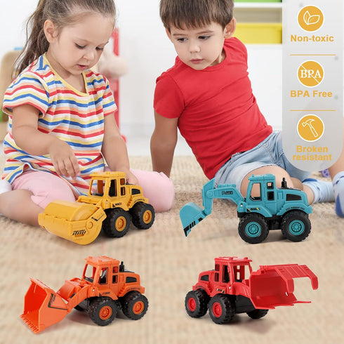 4Pcs Friction Powered Construction Truck Toys, Push and Go Vehicles for Outdoor Play, Gift for Boys Ages 3-8