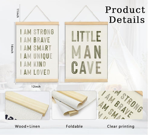 ULEGIE 2 Pack 12 16 Inches Boy Nursery Decor Posters Framed with Wood Hanger, Little Man Cave Sign for Boys Kids, Boys
