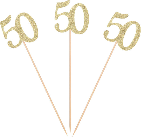 Pack of 10 Gold Glitter 50th Birthday Centerpiece Sticks - Number 50 Table Topper Age Letter Decorations